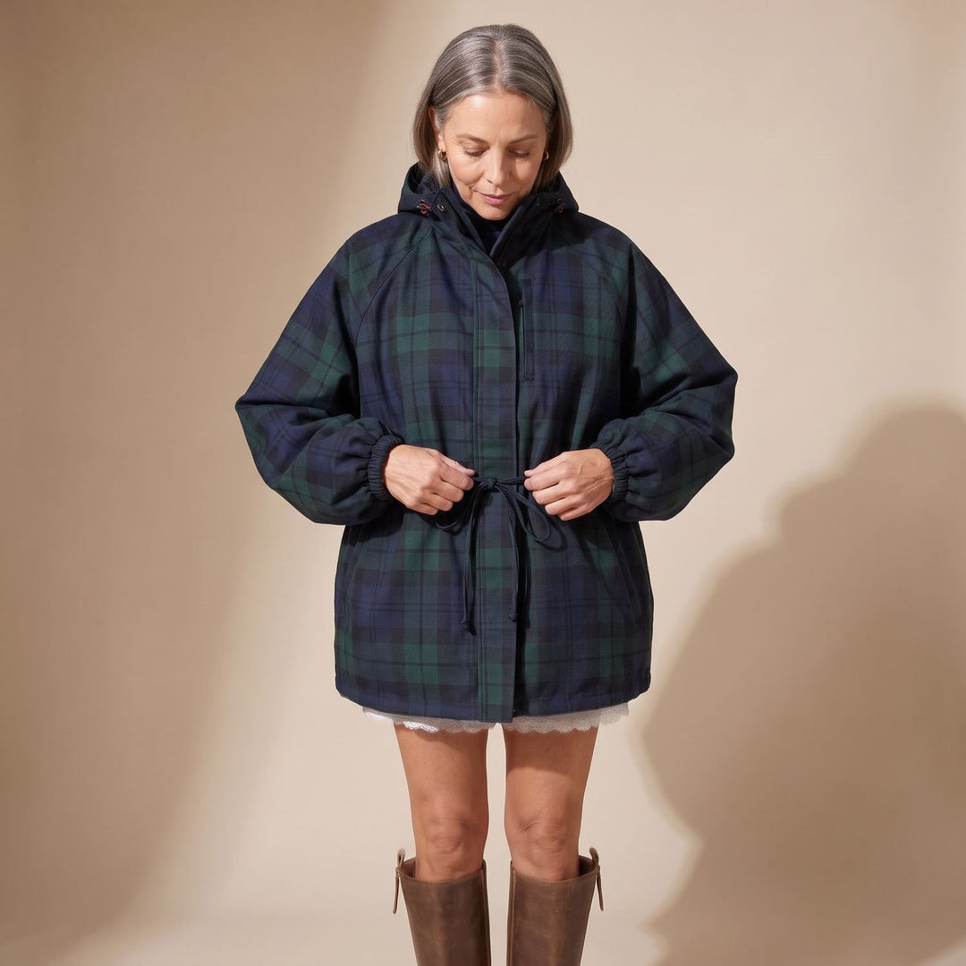 Women's Oversized Plaid Hooded Flannel Jacket Drawstring Waist