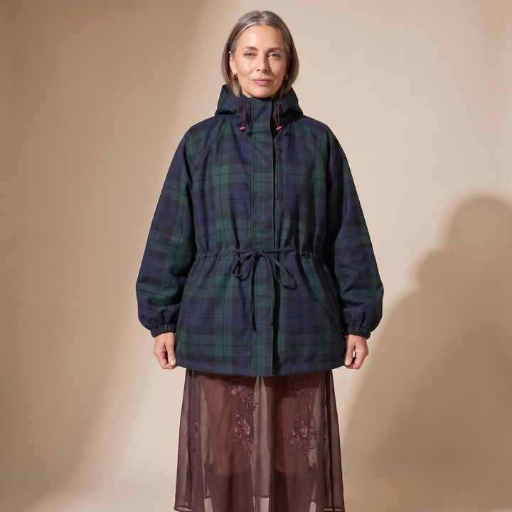 Women's Oversized Plaid Hooded Flannel Jacket Drawstring Waist