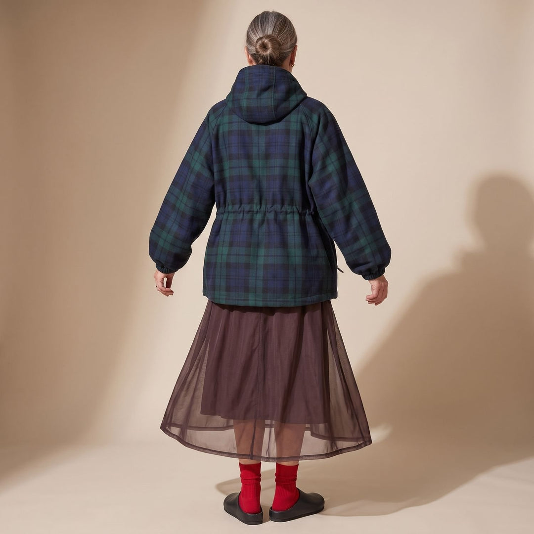 Women's Oversized Plaid Hooded Flannel Jacket Drawstring Waist