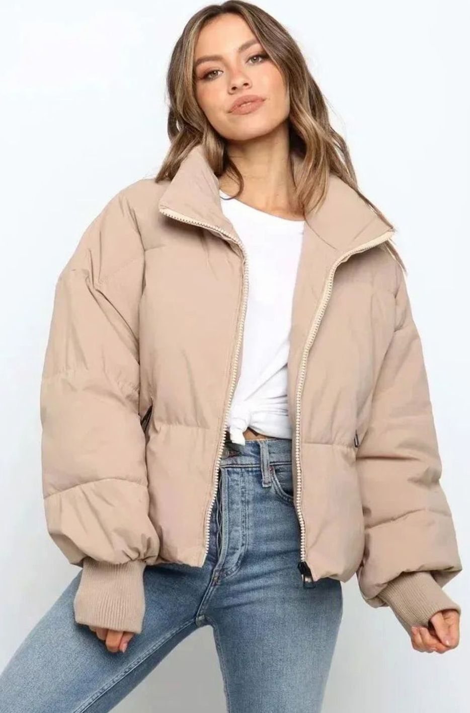 Women's Oversized Puffer Jacket Stand Collar Ribbed Cuffs - Khaki