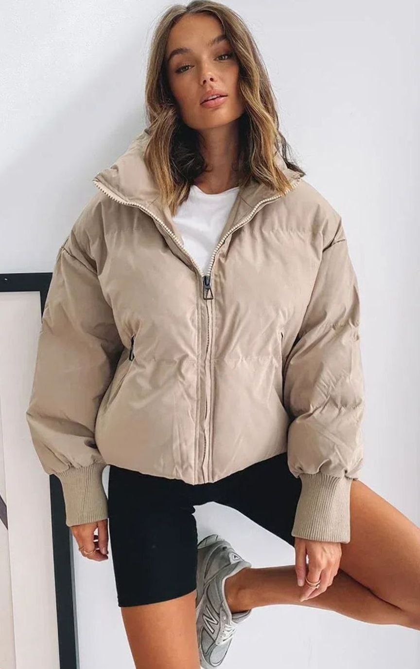 Women's Oversized Puffer Jacket Stand Collar Ribbed Cuffs