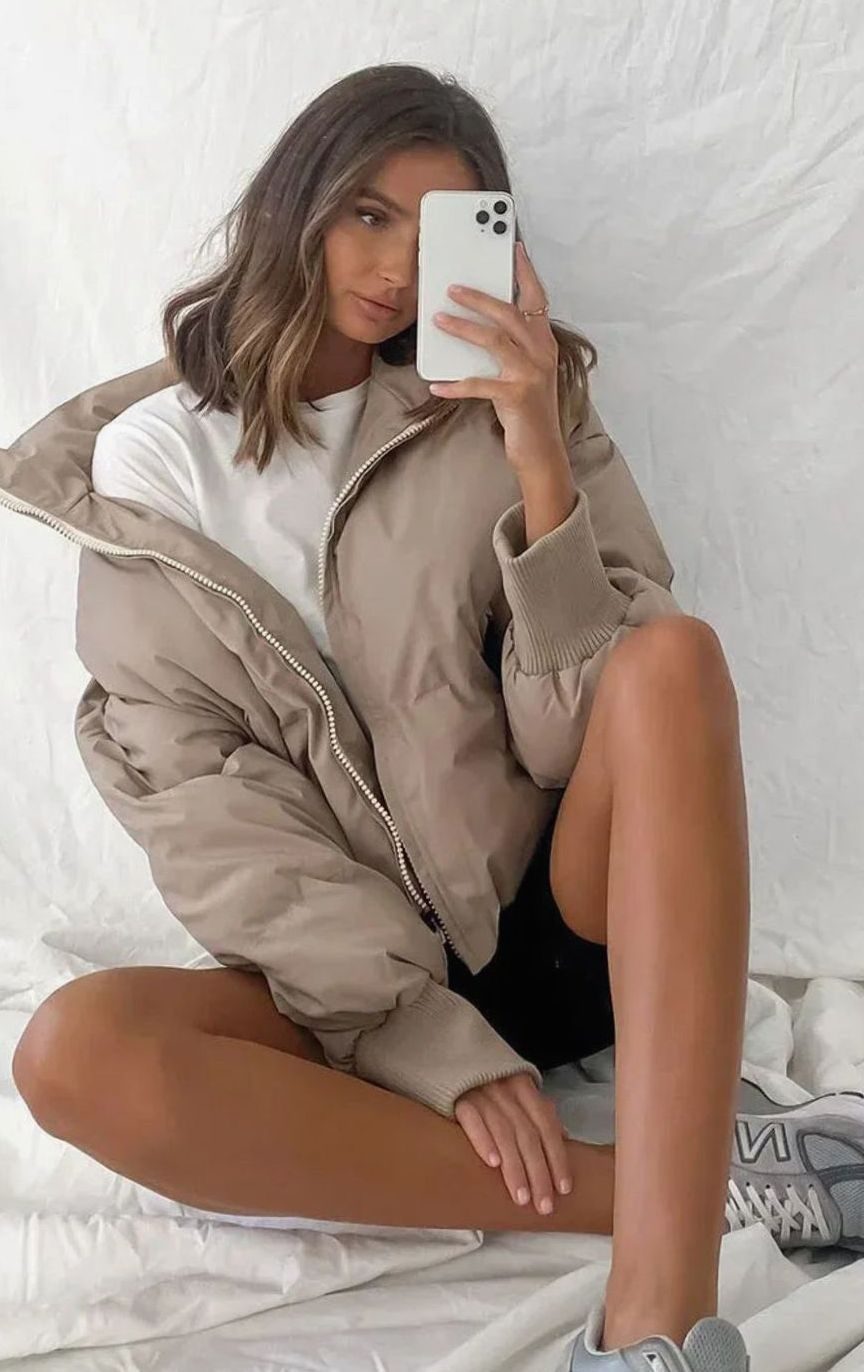 Women's Oversized Puffer Jacket Stand Collar Ribbed Cuffs