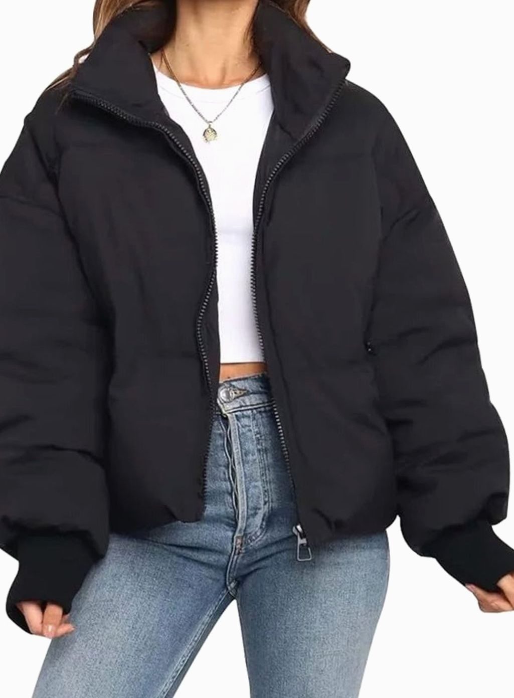 Women's Oversized Puffer Jacket Stand Collar Ribbed Cuffs - Black