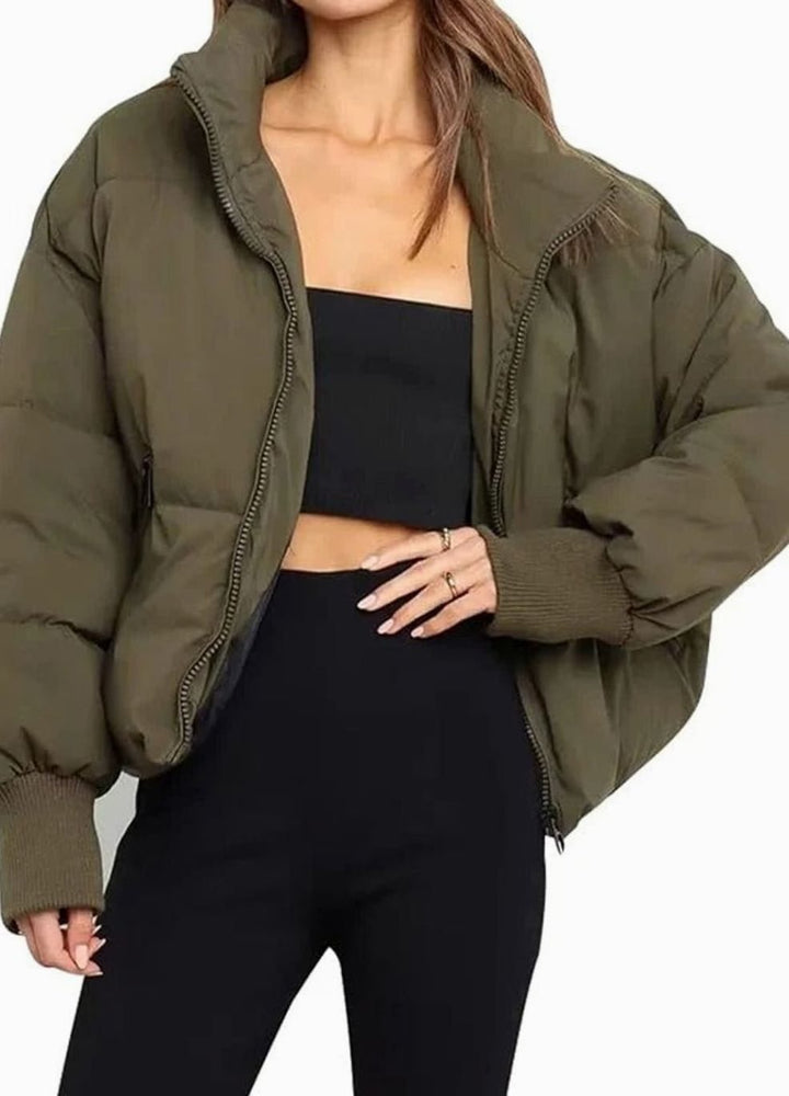 Women's Oversized Puffer Jacket Stand Collar Ribbed Cuffs - Green