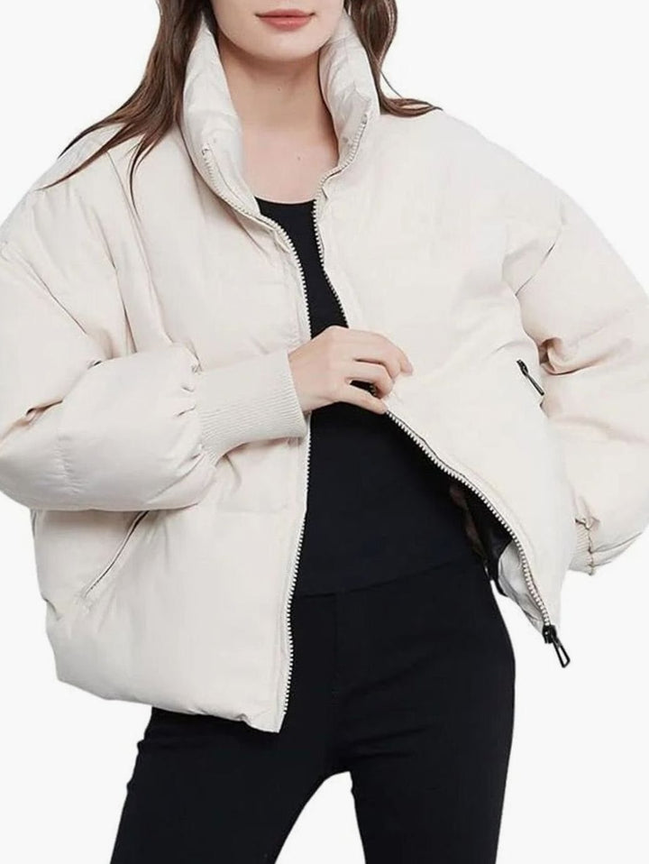 Women's Oversized Puffer Jacket Stand Collar Ribbed Cuffs - White