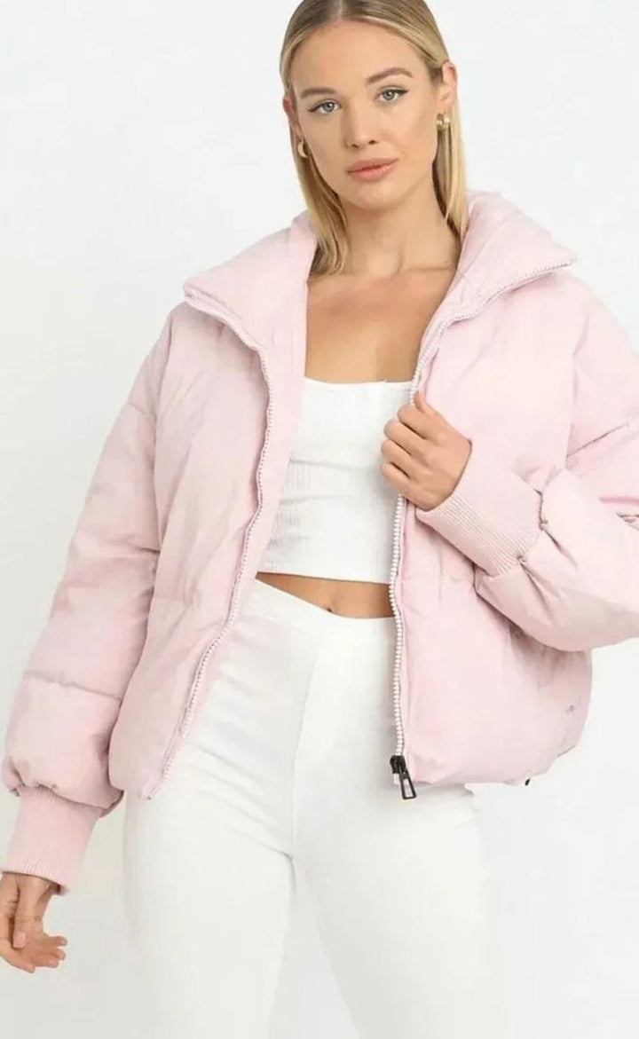 Women's Oversized Puffer Jacket Stand Collar Ribbed Cuffs - Pink