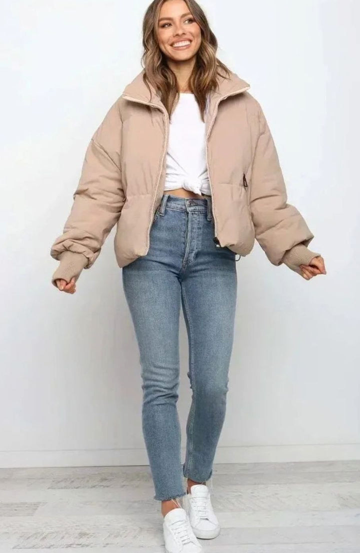 Women's Oversized Puffer Jacket Stand Collar Ribbed Cuffs