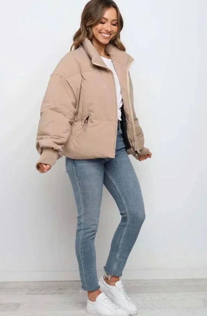 Women's Oversized Puffer Jacket Stand Collar Ribbed Cuffs