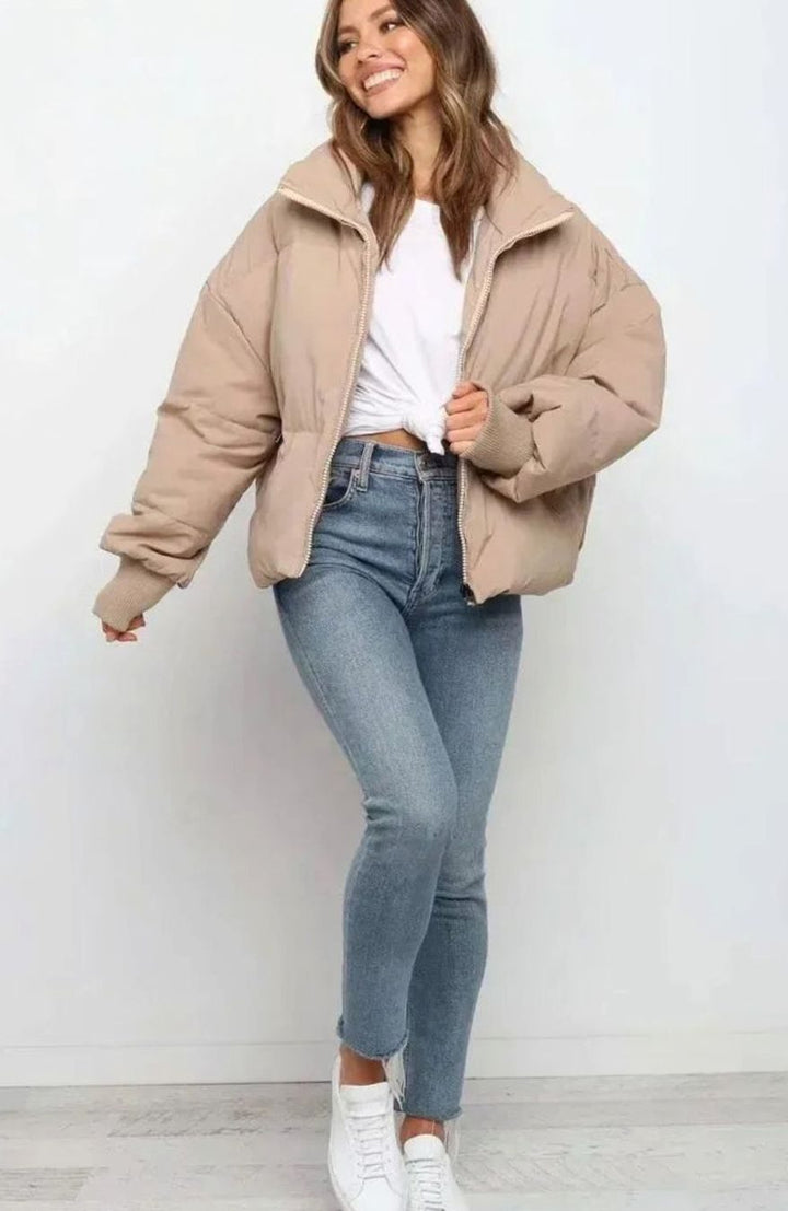 Women's Oversized Puffer Jacket Stand Collar Ribbed Cuffs