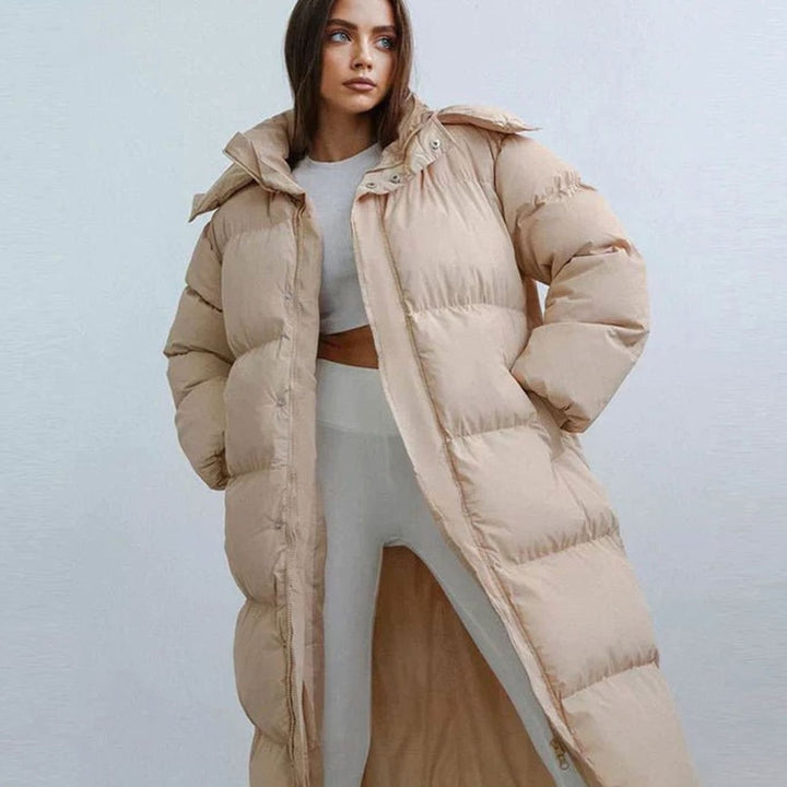 Women's Oversized Quilted Jacket Long Hooded Puffer Coat - Beige