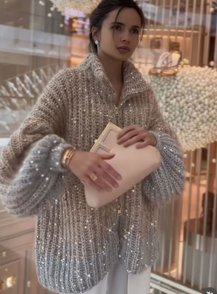 Women's Oversized Sequin Knit Cardigan Sweater Stand-Up Collar - Beige Gradient