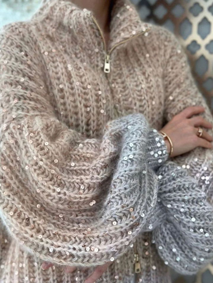 Women's Oversized Sequin Knit Cardigan Sweater Stand-Up Collar