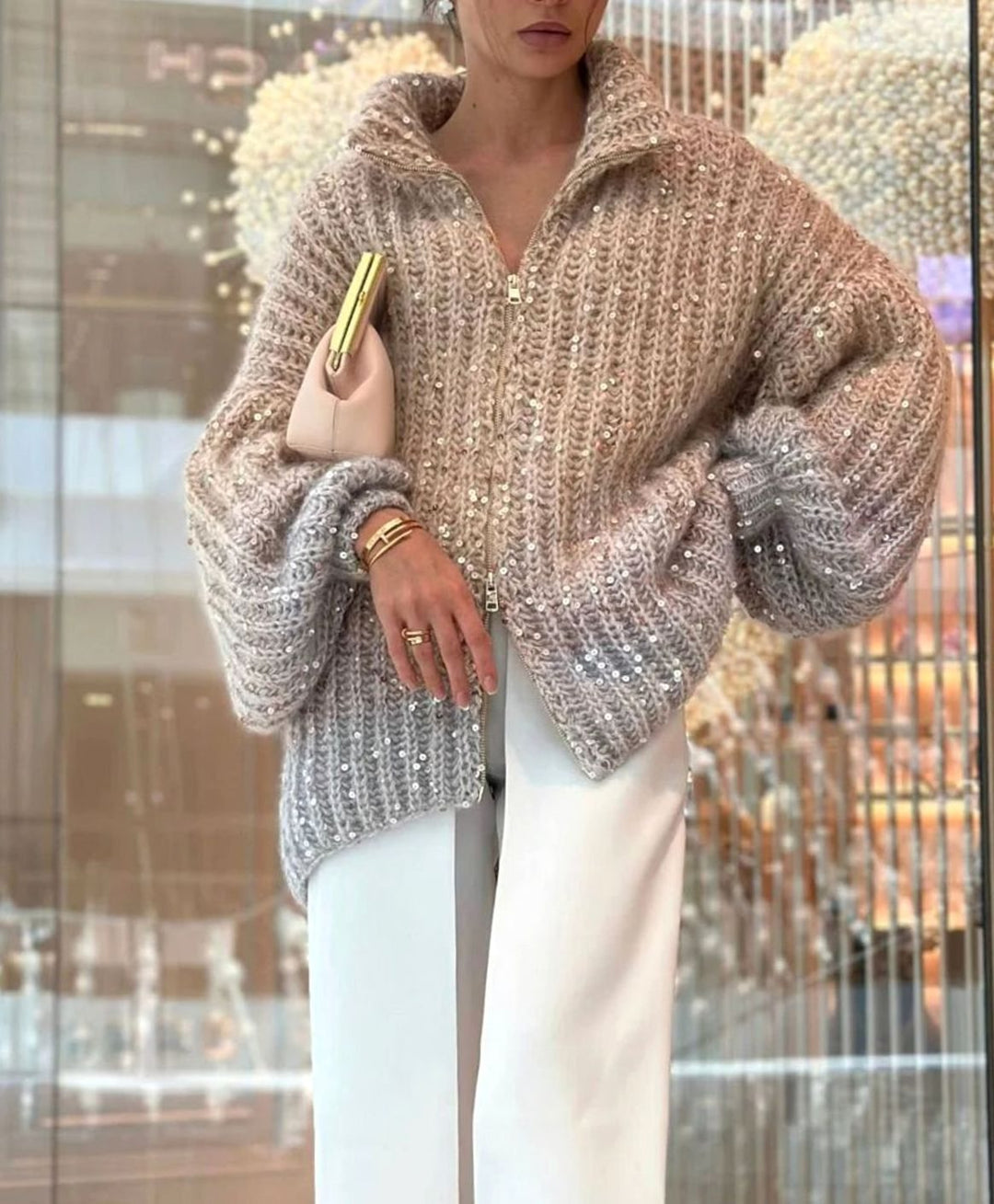 Women's Oversized Sequin Knit Cardigan Sweater Stand-Up Collar