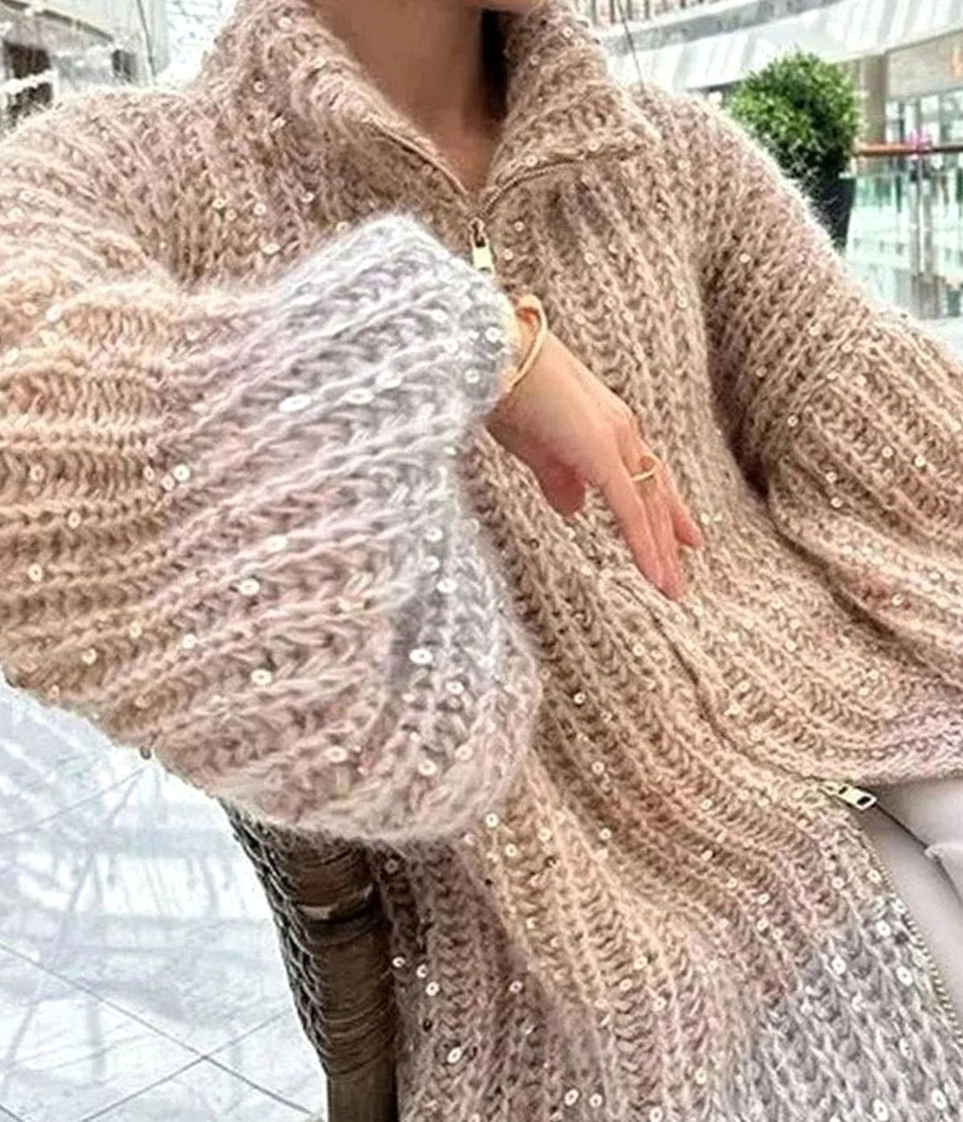 Women's Oversized Sequin Knit Cardigan Sweater Stand-Up Collar