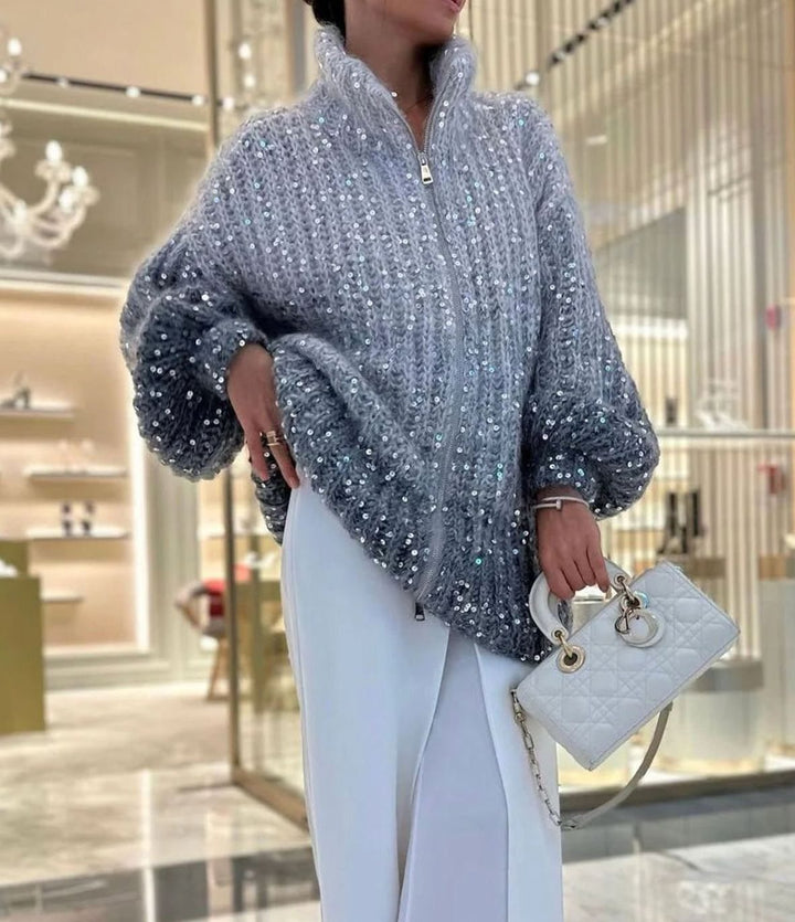 Women's Oversized Sequin Knit Cardigan Sweater Stand-Up Collar - Cloud Gradient