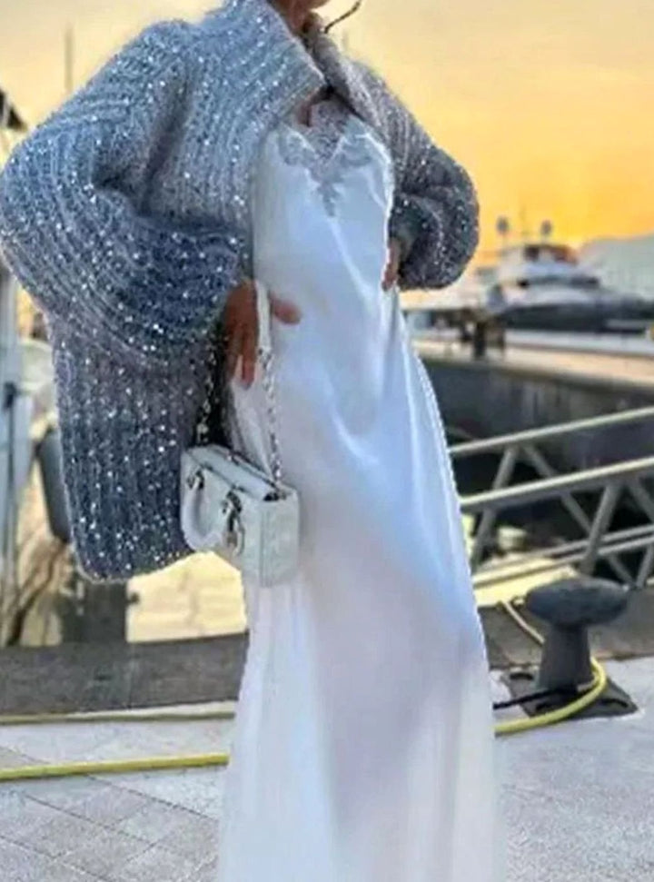 Women's Oversized Sequin Knit Cardigan Sweater Stand-Up Collar