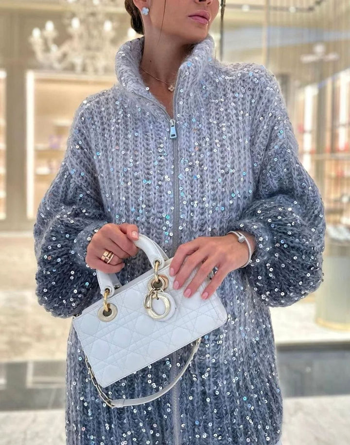Women's Oversized Sequin Knit Cardigan Sweater Stand-Up Collar
