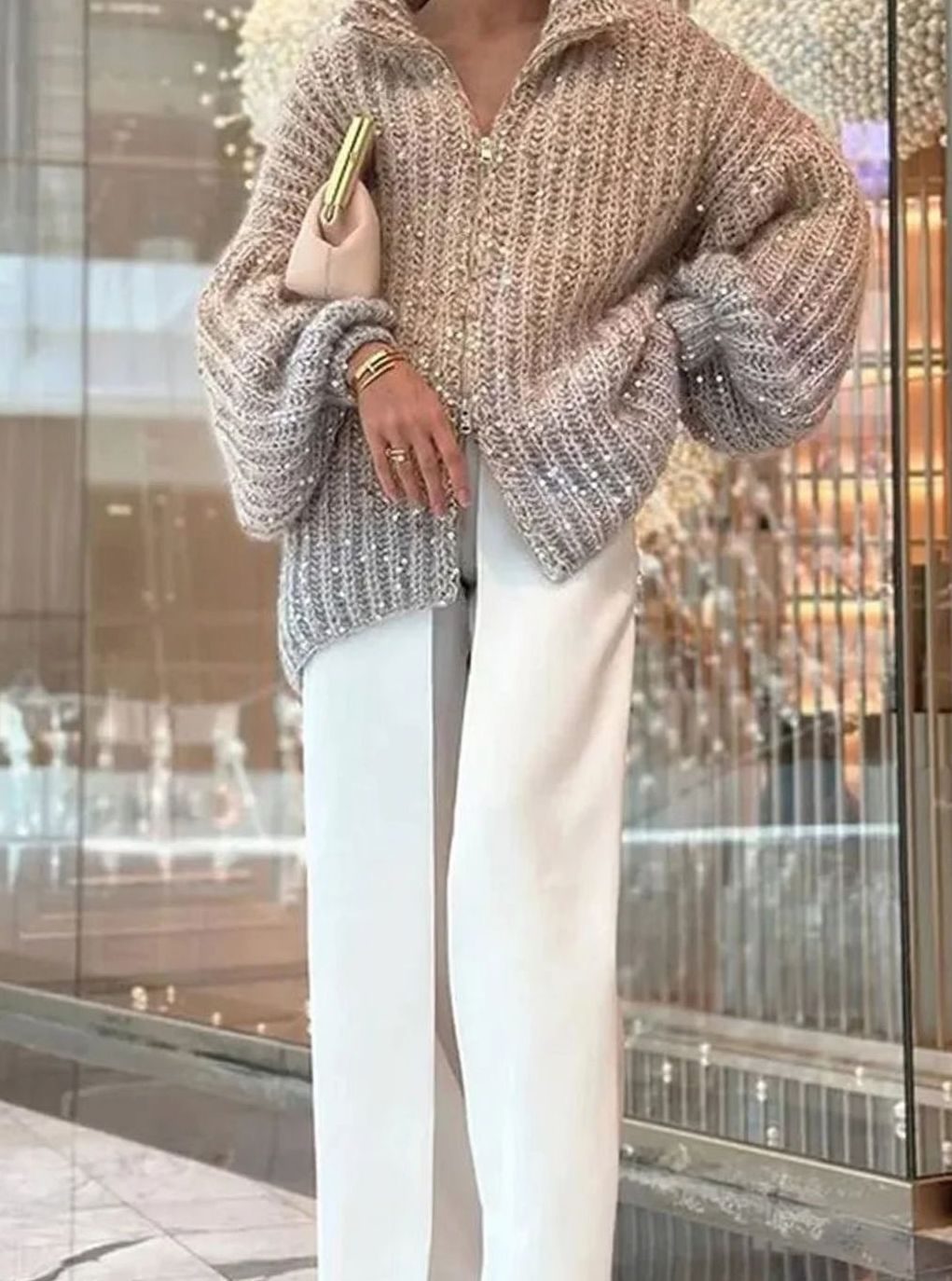 Women's Oversized Sequin Knit Cardigan Sweater Stand-Up Collar