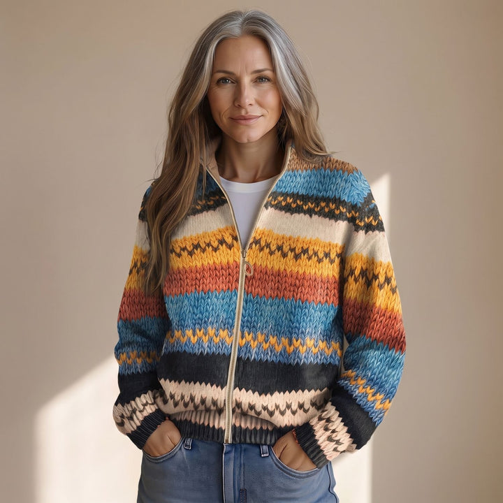 Women's Oversized Striped Knit Full-Zip Cardigan Sweater