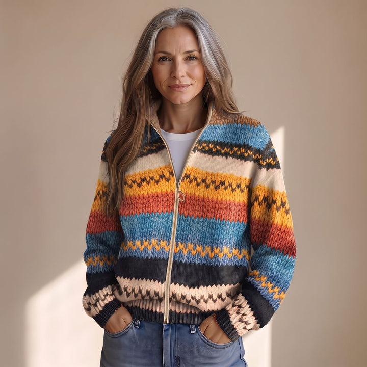 Women's Oversized Striped Knit Full-Zip Cardigan Sweater