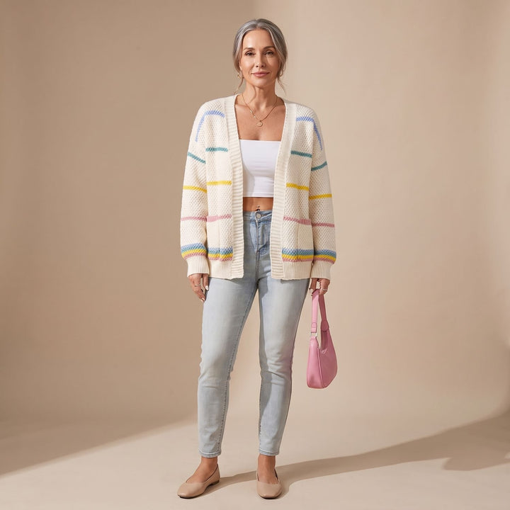 Women's Oversized Striped Open-Front Knit Cardigan Sweater - Apricot