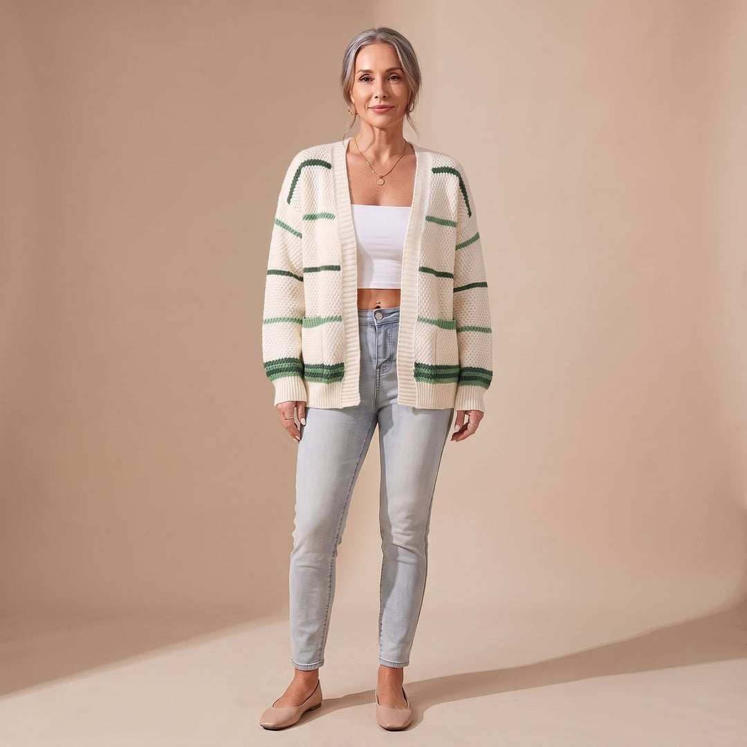 Women's Oversized Striped Open-Front Knit Cardigan Sweater - Green