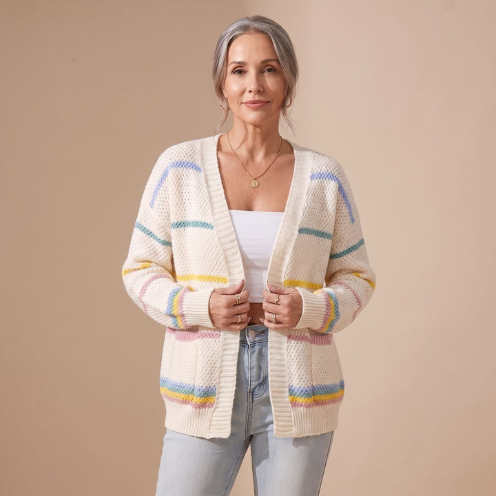Women's Oversized Striped Open-Front Knit Cardigan Sweater - Sky Blue