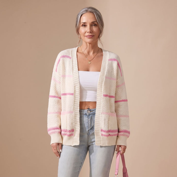 Women's Oversized Striped Open-Front Knit Cardigan Sweater - Pink