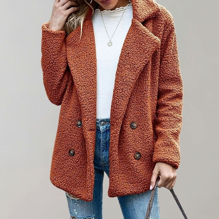 Women's Oversized Teddy Bear Coat Double-Breasted Notched Lapel Jacket - Caramel