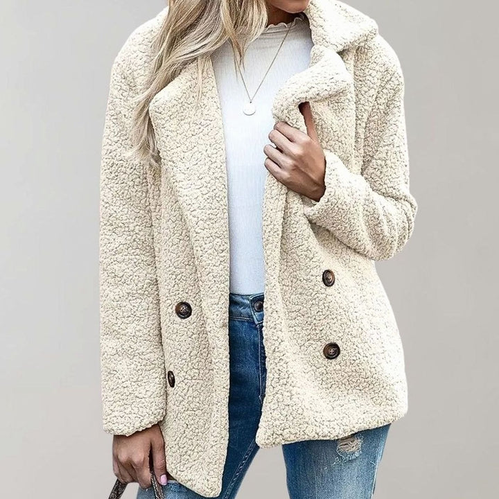 Women's Oversized Teddy Bear Coat Double-Breasted Notched Lapel Jacket - White