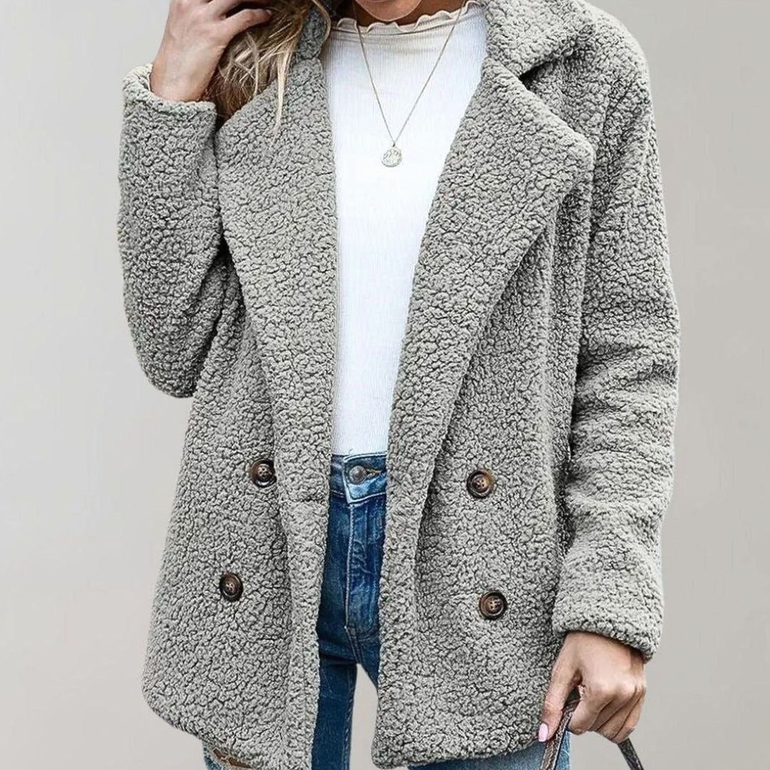 Women's Oversized Teddy Bear Coat Double-Breasted Notched Lapel Jacket - Light Grey