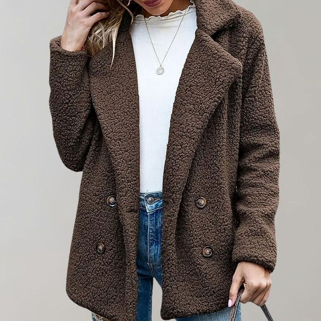 Women's Oversized Teddy Bear Coat Double-Breasted Notched Lapel Jacket - Coffee