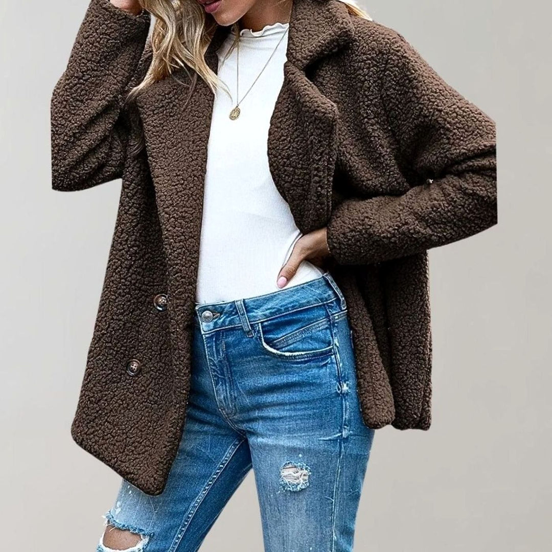 Women's Oversized Teddy Bear Coat Double-Breasted Notched Lapel Jacket