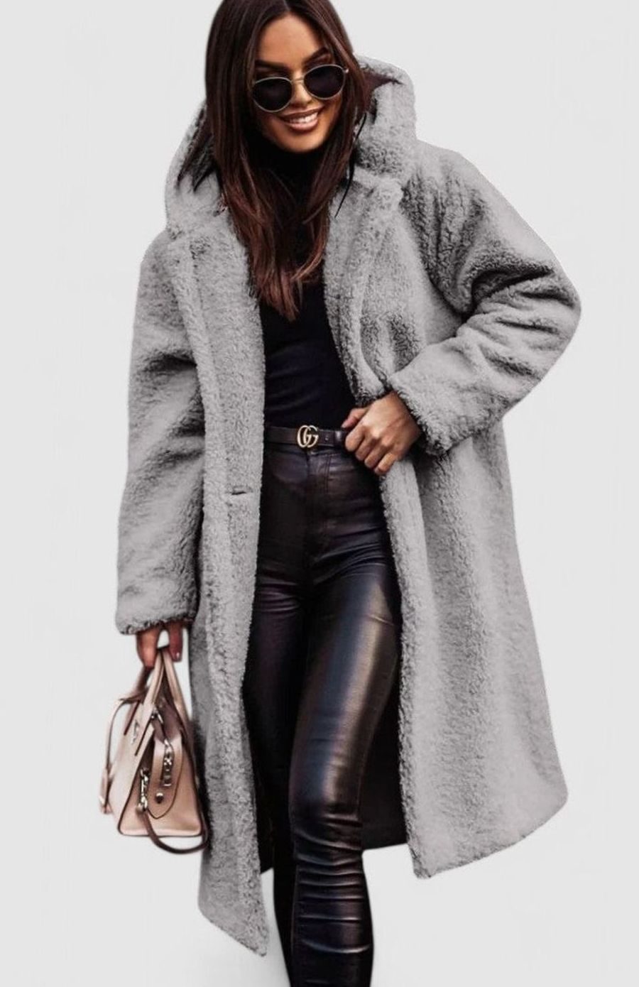 Women's Oversized Teddy Faux Fur Long Elegant Winter Coat - Gray