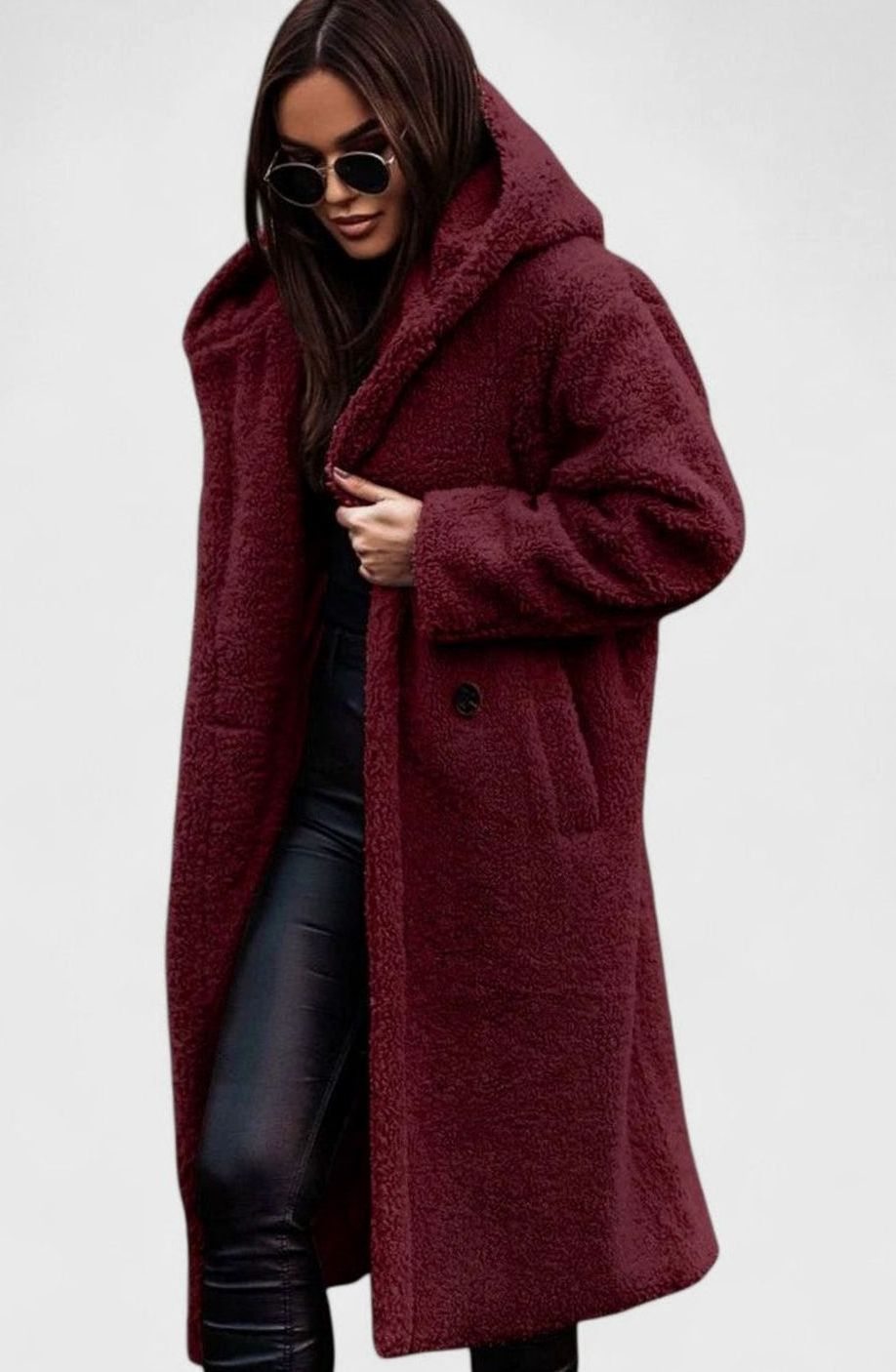Women's Oversized Teddy Faux Fur Long Elegant Winter Coat - Red