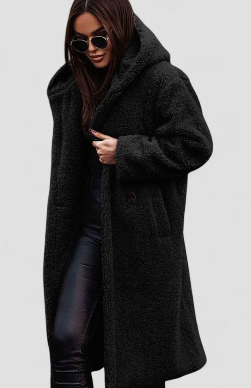 Women's Oversized Teddy Faux Fur Long Elegant Winter Coat - Black