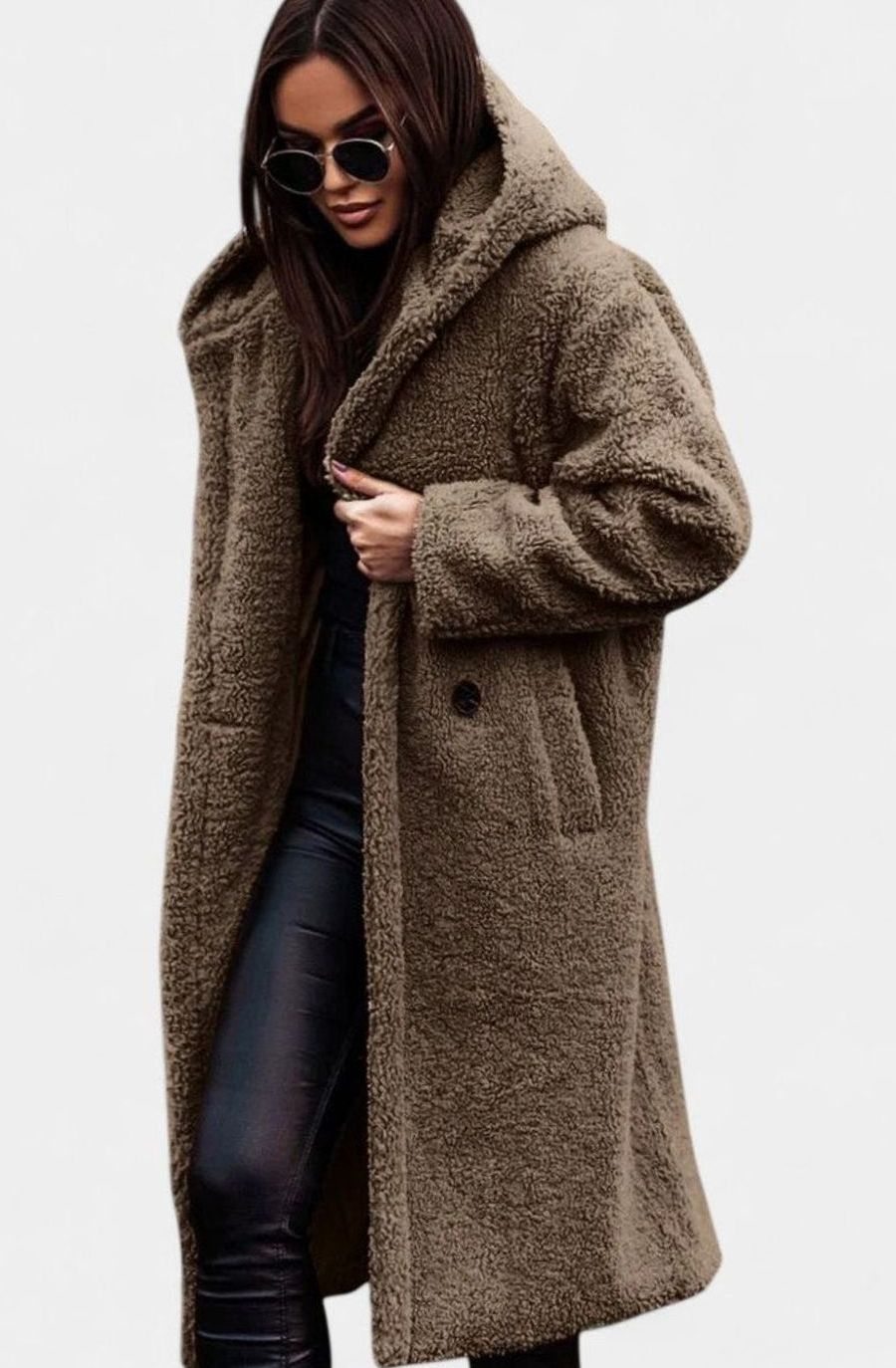 Women's Oversized Teddy Faux Fur Long Elegant Winter Coat - Khaki