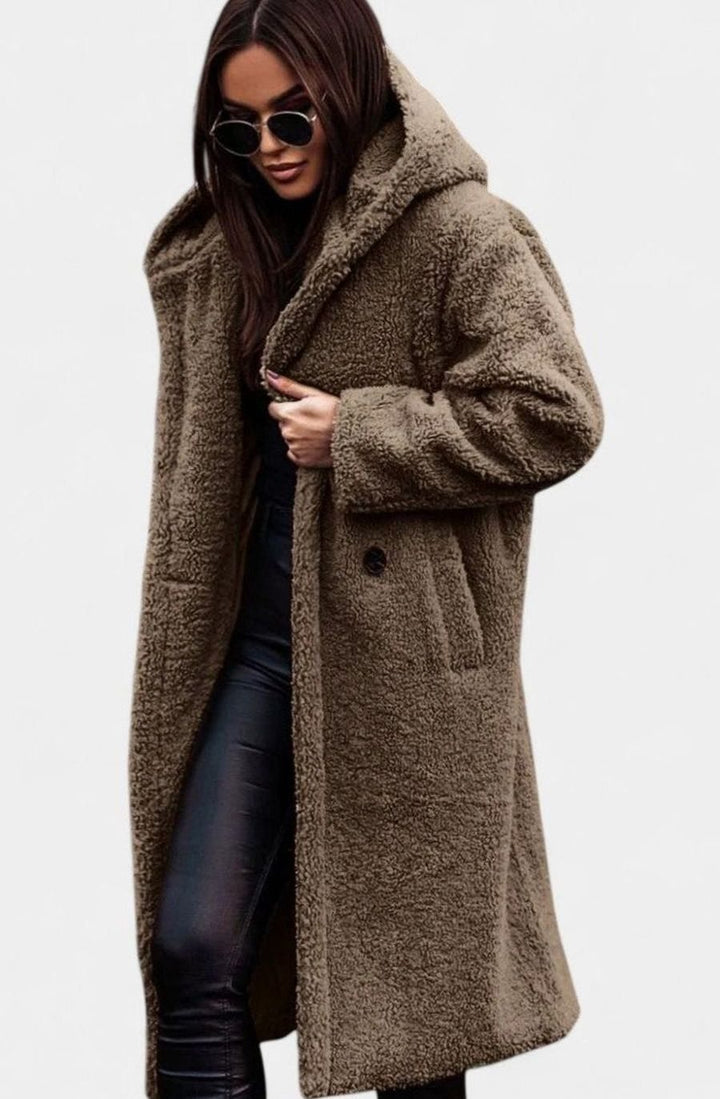 Women's Oversized Teddy Faux Fur Long Elegant Winter Coat - Khaki