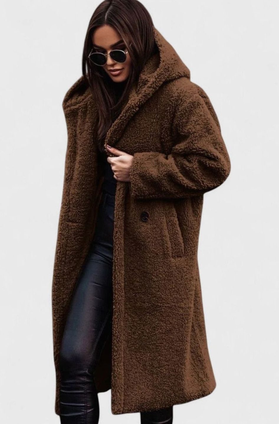 Women's Oversized Teddy Faux Fur Long Elegant Winter Coat - Brown