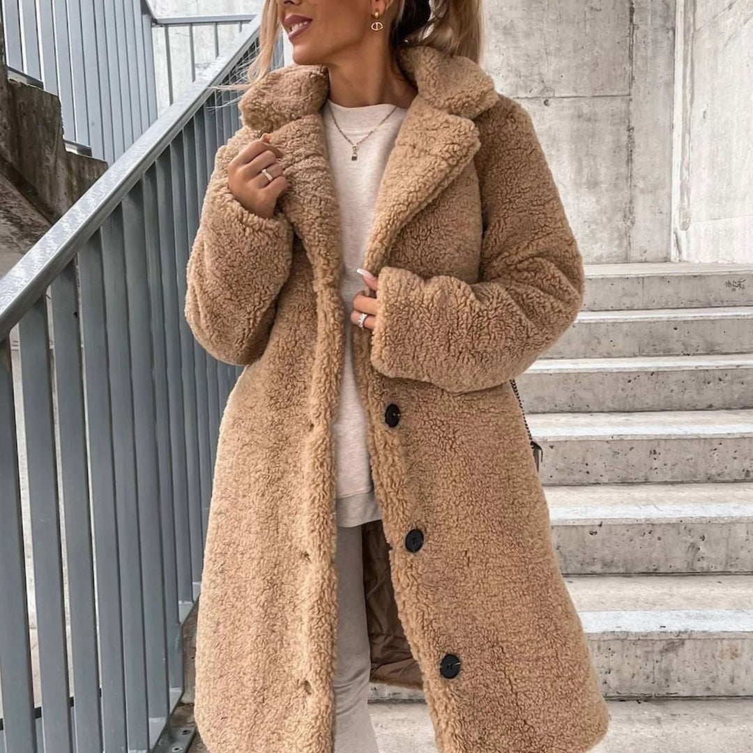 Women's Oversized Teddy Long Coat Fluffy Button-Front Winter Coat - Beige
