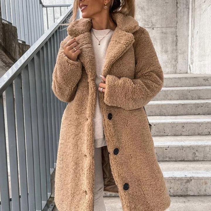 Women's Oversized Teddy Long Coat Fluffy Button-Front Winter Coat - Beige