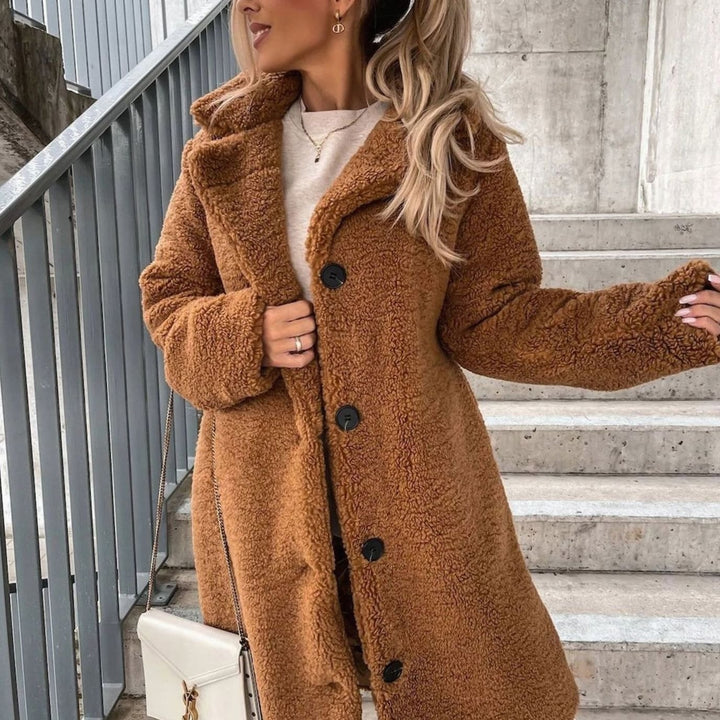 Women's Oversized Teddy Long Coat Fluffy Button-Front Winter Coat - Brown