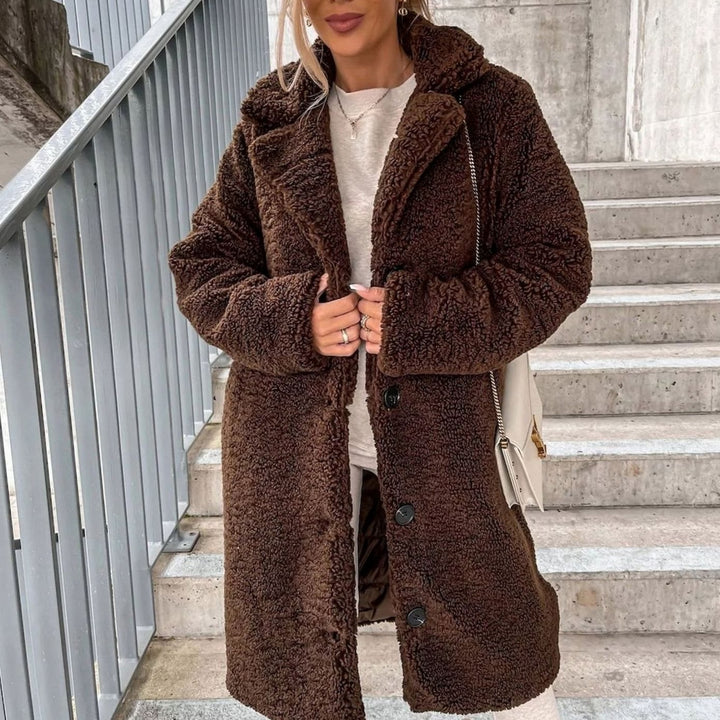 Women's Oversized Teddy Long Coat Fluffy Button-Front Winter Coat - Dark Brown