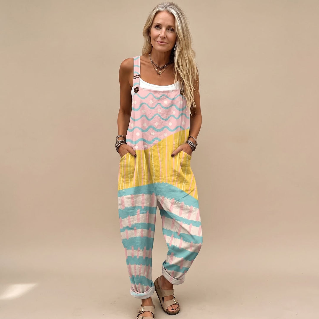 Women's Pastel Printed Sleeveless Bib Overall Jumpsuit