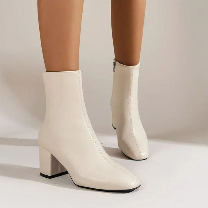 Women's Patent Faux Leather Block Heel Side-Zip Ankle Boots - Beige