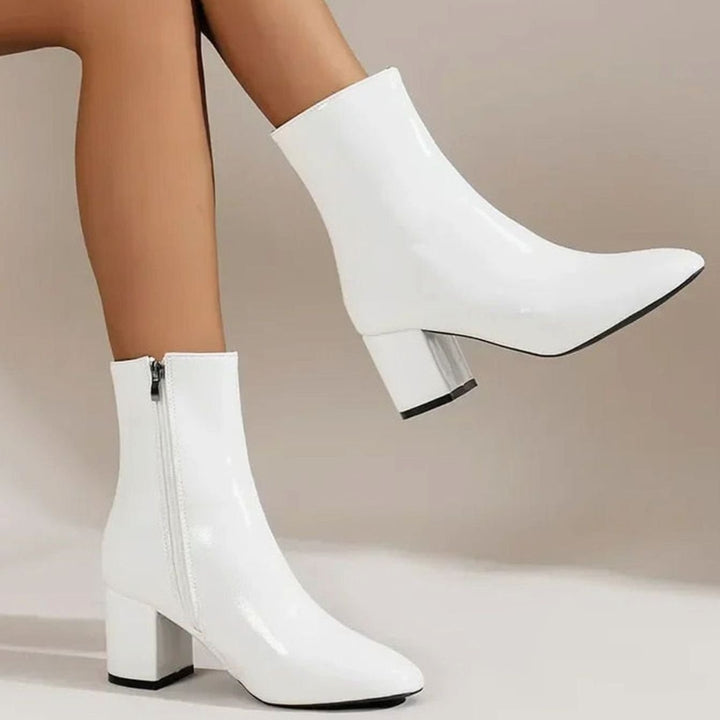 Women's Patent Faux Leather Block Heel Side-Zip Ankle Boots - White