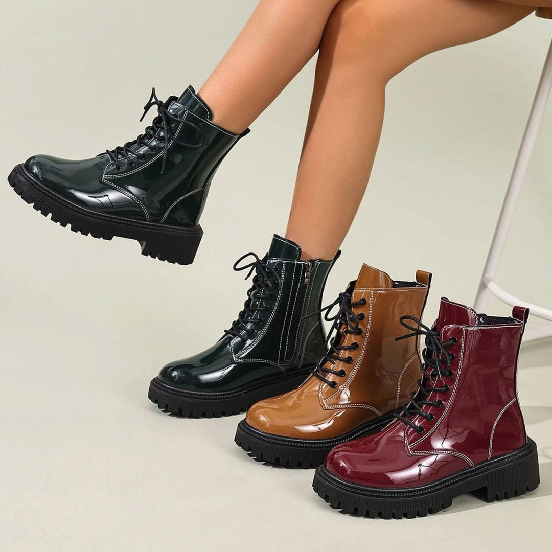Women's Patent Lace-Up Chunky Heel Square Toe Ankle Boots