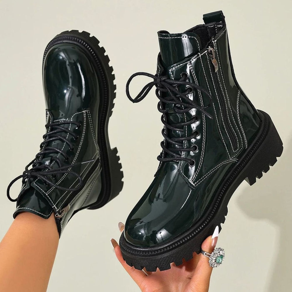 Women's Patent Lace-Up Chunky Heel Square Toe Ankle Boots - Green