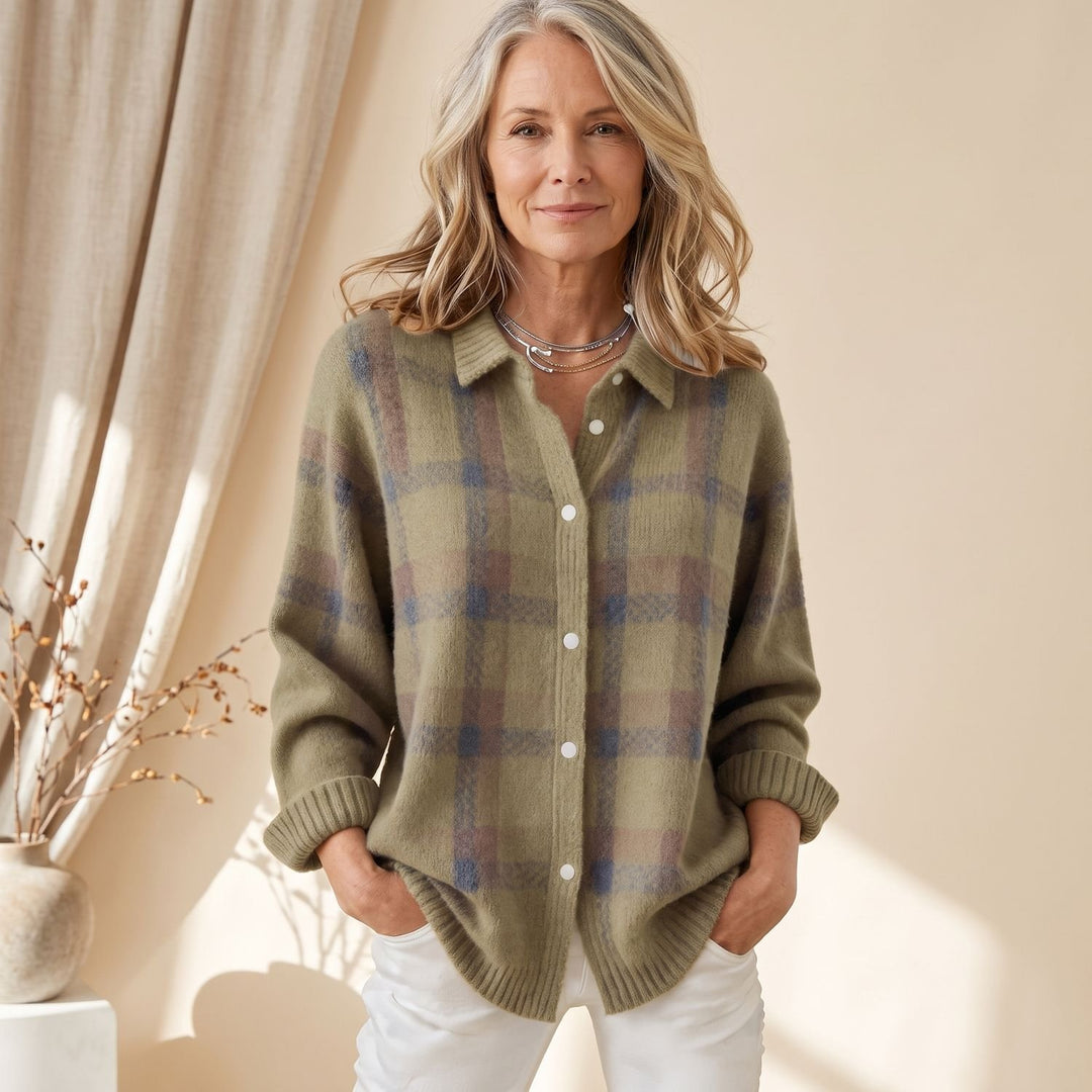 Women's Plaid Button-Down Knit Cardigan Sweater, Olive Green - Brown