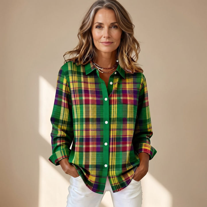 Women's Plaid Button Down Long-Sleeve Relaxed Shirt - Green